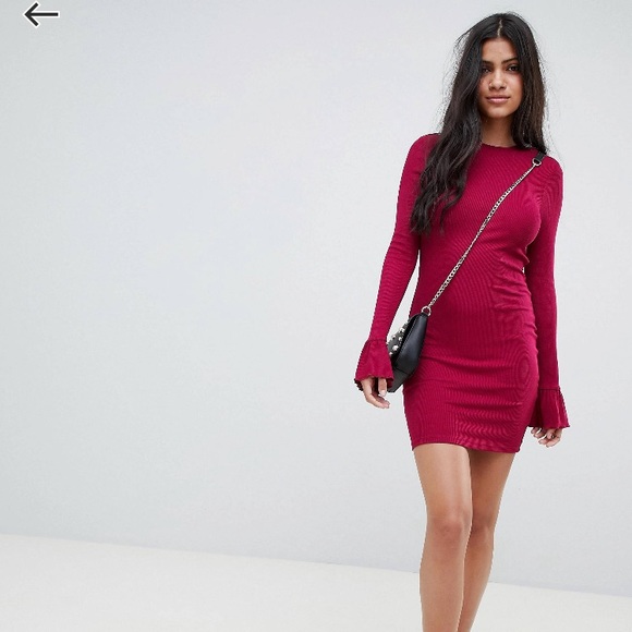 ASOS raspberry body-con dress with flare sleeves - Picture 1 of 8